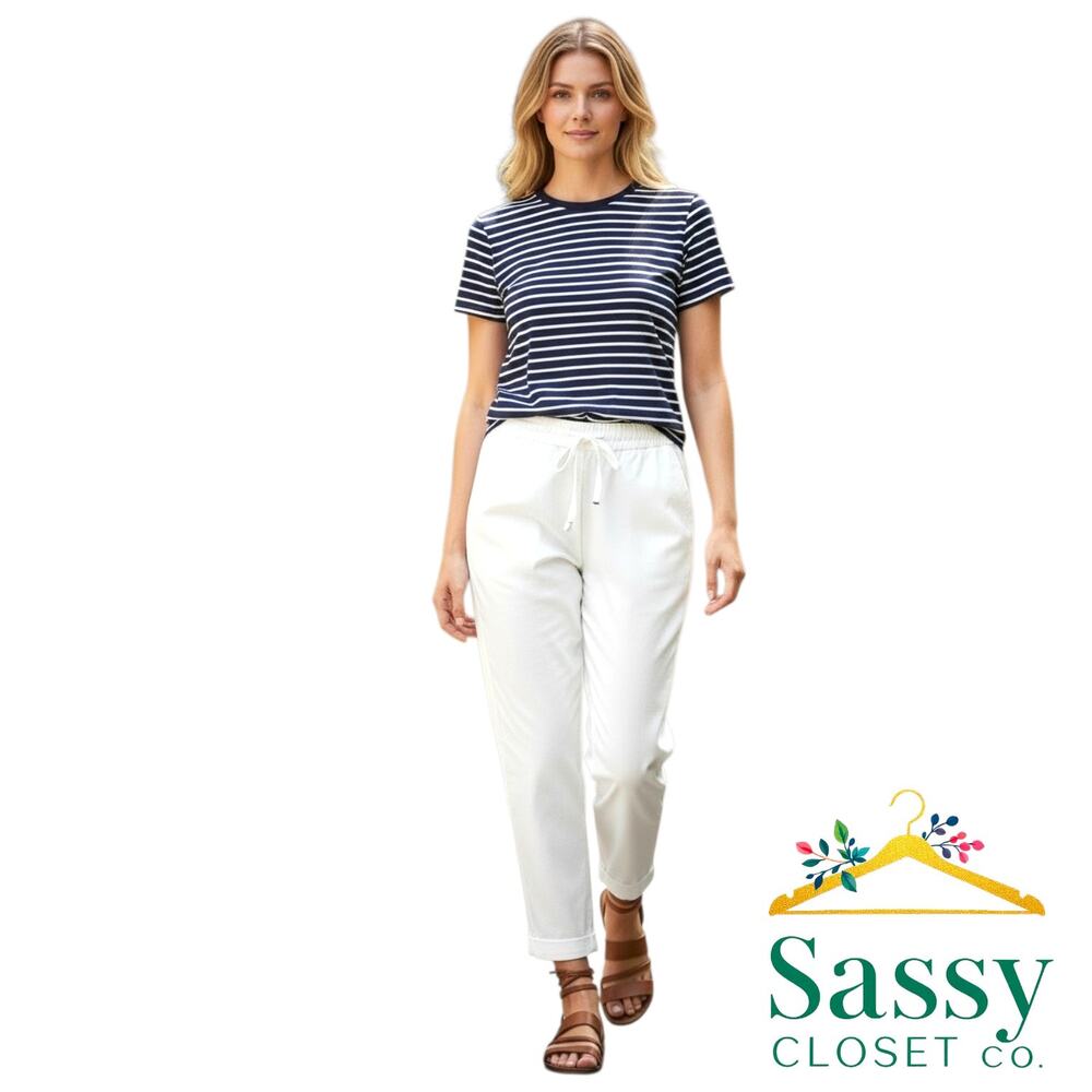 J.Crew White Linen Blend Cropped Pants 8 Drawstring Cuffed Summer Crop H5607